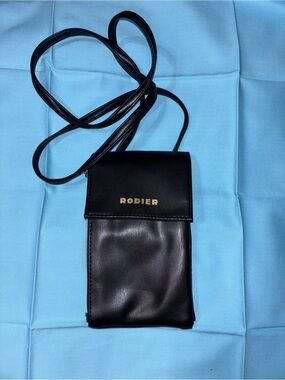 RODIER Black Leatherette Crossbody Phone Pouch with Gold Logo